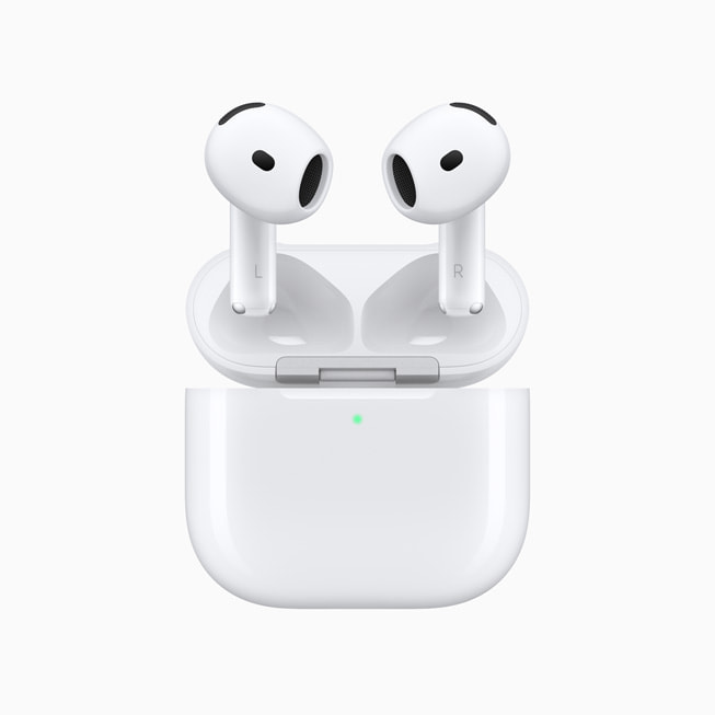 AirPods 4 with Active Noise Cancellation hovering above their case. 