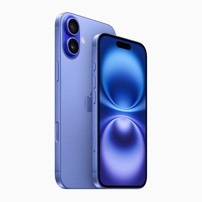 iPhone 16 Plus and iPhone 16 in ultramarine.