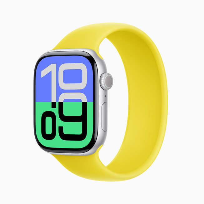 以銀色鋁金屬打造的 Apple Watch Series 10。