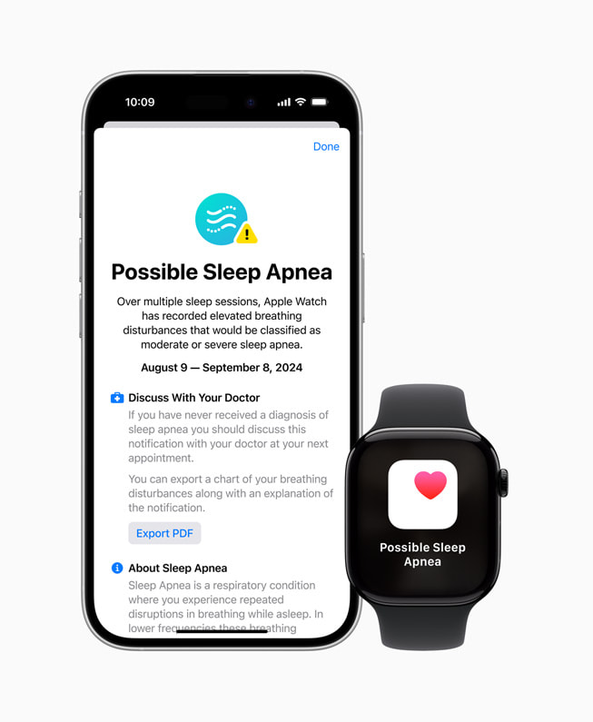 iPhone 16 Pro and Apple Watch Series 10 both read “Possible Sleep Apnea,” and iPhone 16 Pro offers more details.