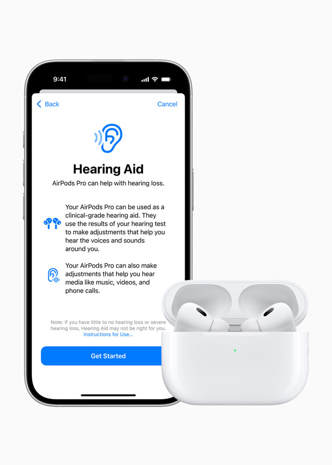 Sitting next to AirPods 4, iPhone 16 Pro shows the new Hearing Aid feature available in iOS 18.