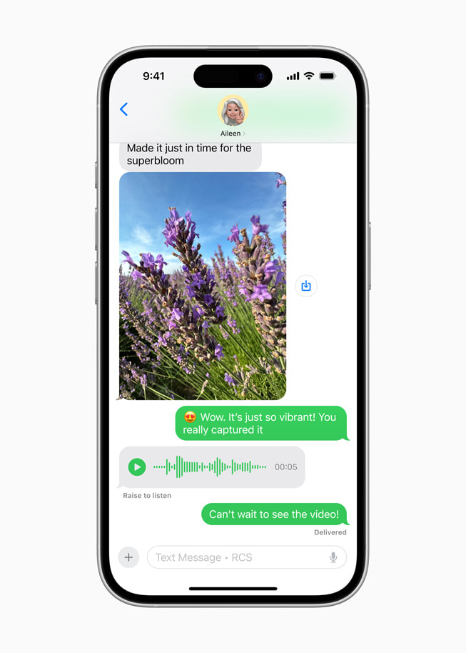 The updated RCS functionality in Messages is shown on iPhone 16 Pro.