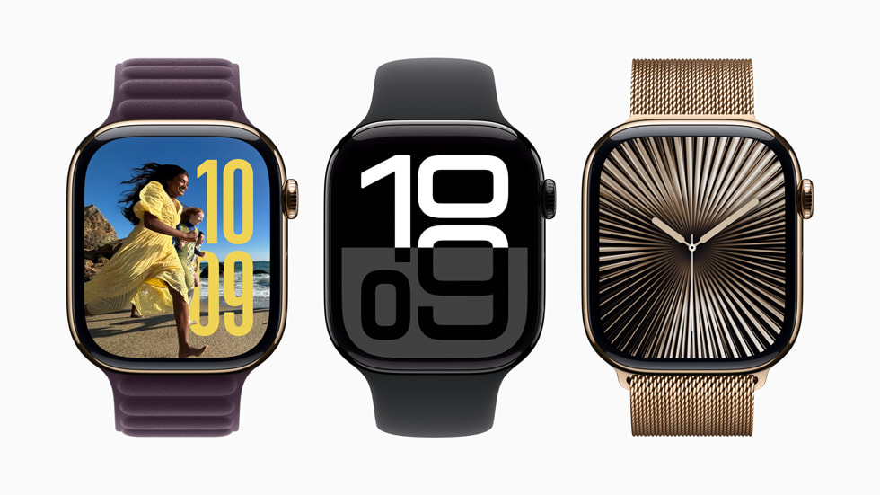 The Photos watch face, Flux watch face, and Reflections watch faces are shown on three Apple Watch Series 10 devices.