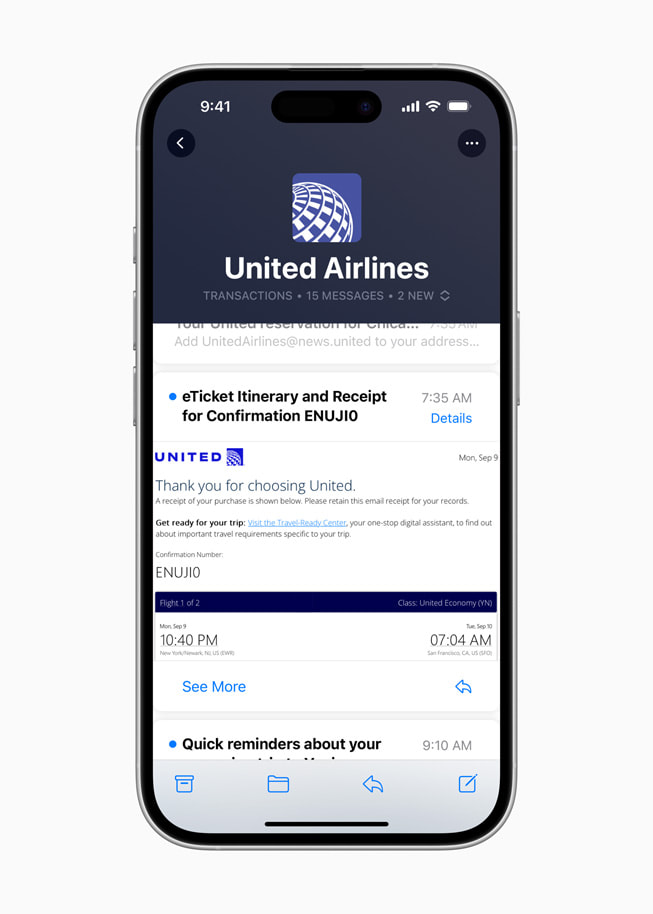 Một mục Branded Mail được gửi từ United Airlines hiển thị trong hộp thư đến của người dùng trên iPhone 16 Pro. 