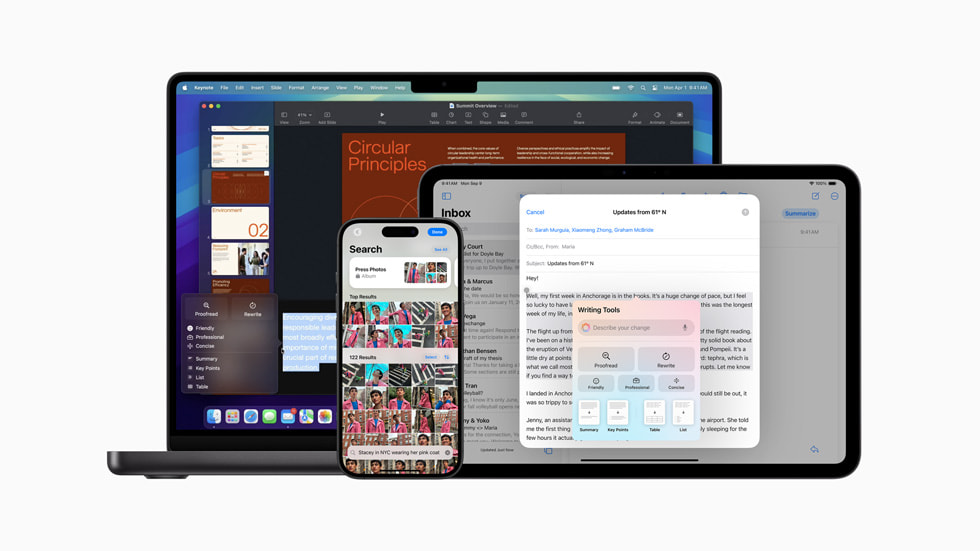 Diverse iPhones, iPads en Macs met nieuwe Apple Intelligence-features.