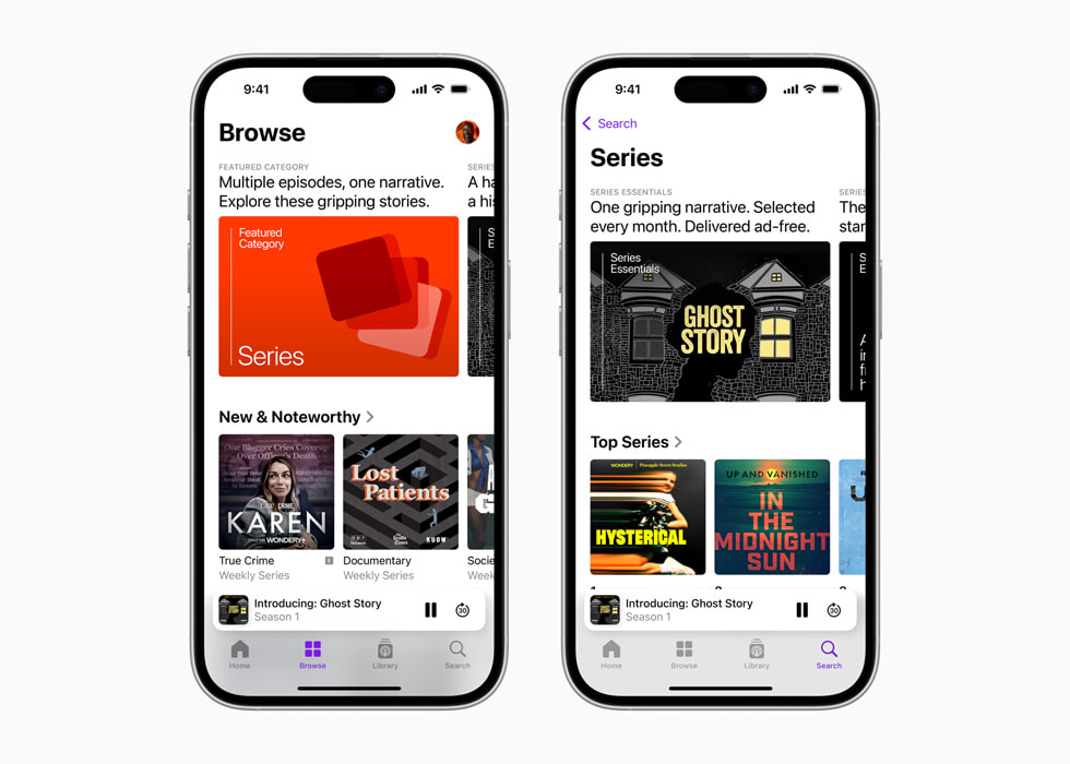 Two iPhone 16 devices show Apple Podcasts screens featuring the new Series category and Series Essentials. 