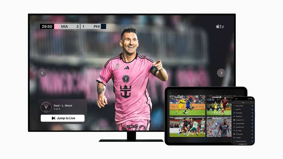 Inter Miami CF’s Lionel Messi is shown on an Apple TV MLS Season Pass on Apple TV on a TV screen and on iPad.