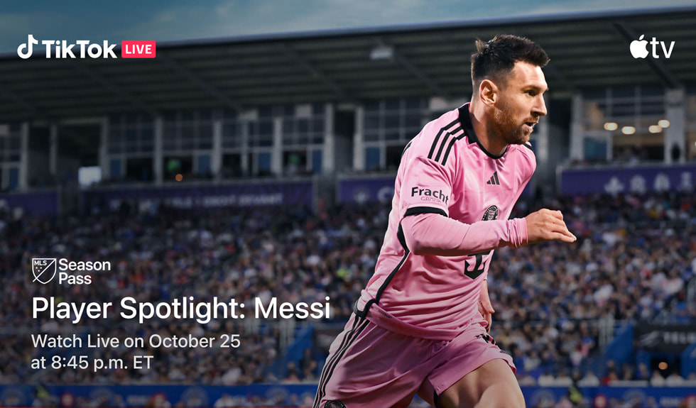 Inter Miami CF’s Lionel Messi is shown on an Apple TV+ MLS Season Pass screen showcasing the upcoming TikTok “Player Spotlight: Messi” live presentation.