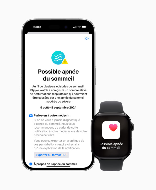 iPhone 16 Pro et Apple Watch Series 10 affichant la mention « Possible apnée du sommeil » dans l’app Santé, avec plus de détails sur iPhone 16 Pro.