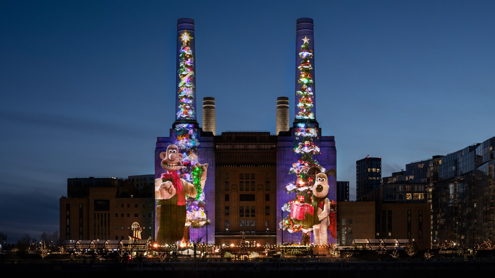 Aardman’s stop-motion Christmas tree animation is projected onto the wash towers at London’s historic Battersea Power Station.