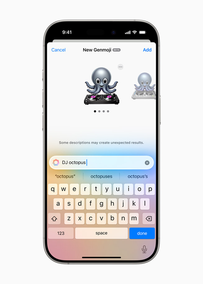 A Genmoji octopus acting as a DJ, displayed on iPhone 16 Pro.