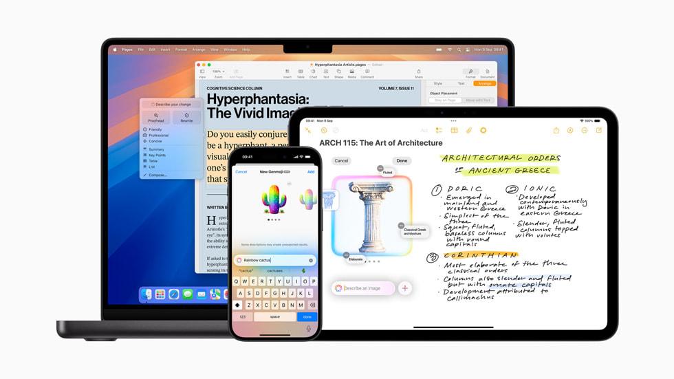 Rewrite, Genmoji creation, and Image Playground displayed on MacBook Pro, iPhone 16, and iPad Pro.