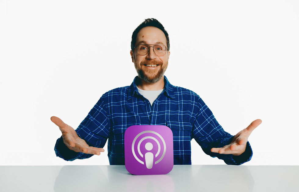 “Hysterical” podcast creator Dan Taberski poses with the Apple Podcast Award.