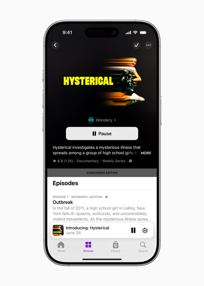 The “Hysterical” podcast is shown in the Podcasts app on iPhone 16 Pro.