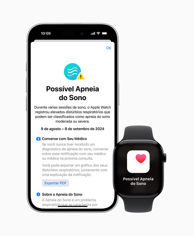 Um iPhone 16 Pro e um Apple Watch Series 10 com uma notificação de “Possível Apneia do Sono” no app Saúde. O iPhone 16 Pro mostra informações mais detalhadas.