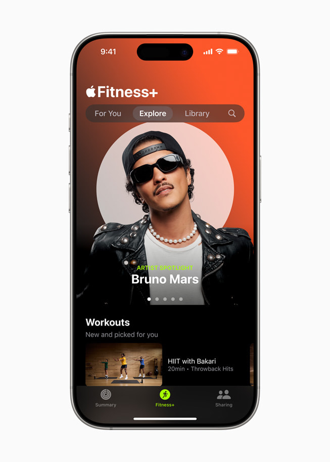 Bruno Mars’s Artist Spotlight workout in Apple Fitness+ is shown on iPhone 16.