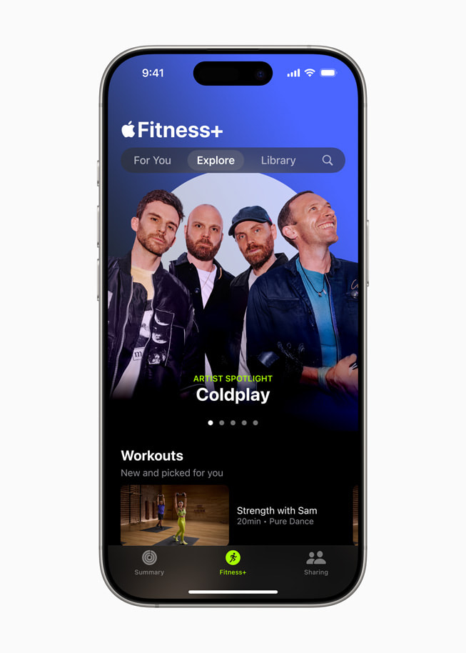 Coldplay’s Artist Spotlight workout in Apple Fitness+ is shown on iPhone 16.