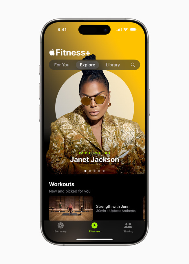 Janet Jackson’s Artist Spotlight workout in Apple Fitness+ is shown on iPhone 16.