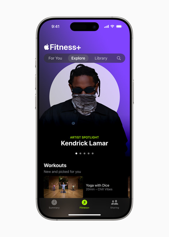 Kendrick Lamar’s Artist Spotlight workout in Apple Fitness+ is shown on iPhone 16.