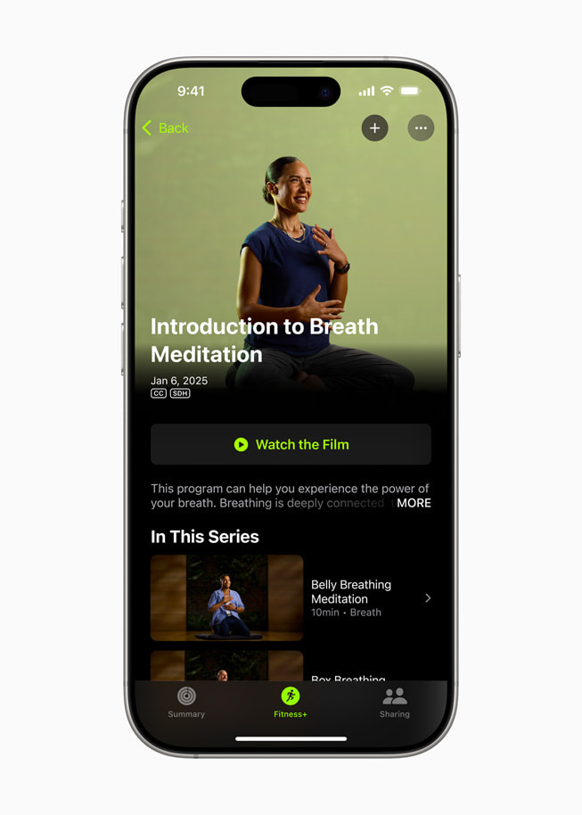 The Introduction to Breath Meditation program in Apple Fitness+ is shown on iPhone 16.