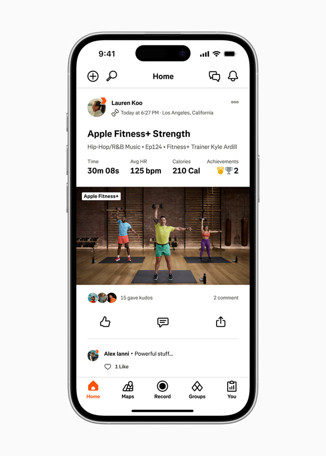 A user’s Apple Fitness+ Strength workout is shown in the Strava app on iPhone 16 Pro.