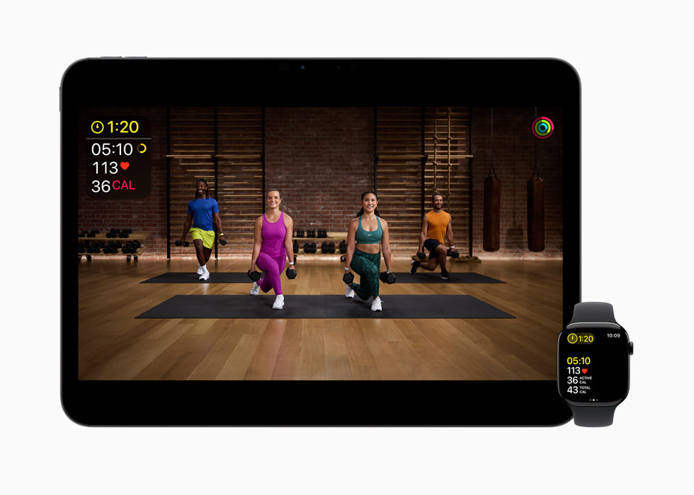 The Strength, Endurance, and Agility for Pickleball program in Apple Fitness+ is shown on iPad Air and Apple Watch.