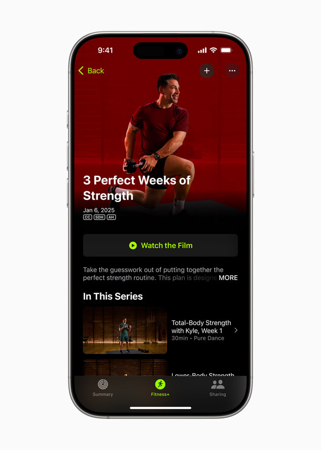 The Three Perfect Weeks of Strength program in Apple Fitness+ is shown on iPhone 16.