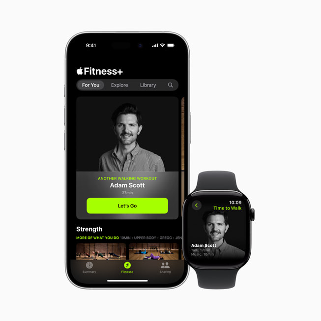 Adam Scott’s Time to Walk episode in Apple Fitness+ is shown on iPhone 16 and Apple Watch.