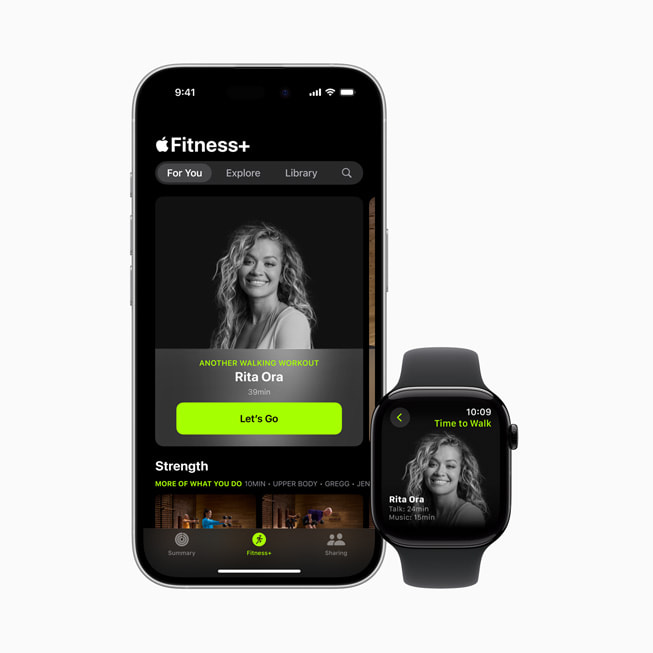 Rita Ora’s Time to Walk episode in Apple Fitness+ is shown on iPhone 16 and Apple Watch.