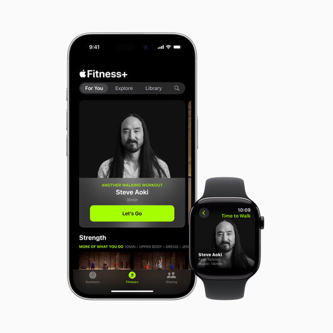 Steve Aoki’s Time to Walk episode in Apple Fitness+ is shown on iPhone 16 and Apple Watch.