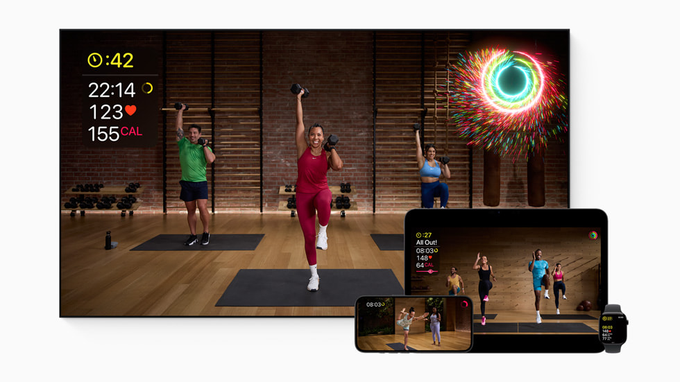 Apple Fitness+ is shown on Apple TV, iPad Air, iPhone 16, and Apple Watch.