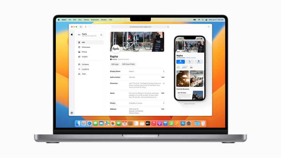 The Apple Business Connect screen appears on MacBook Pro.