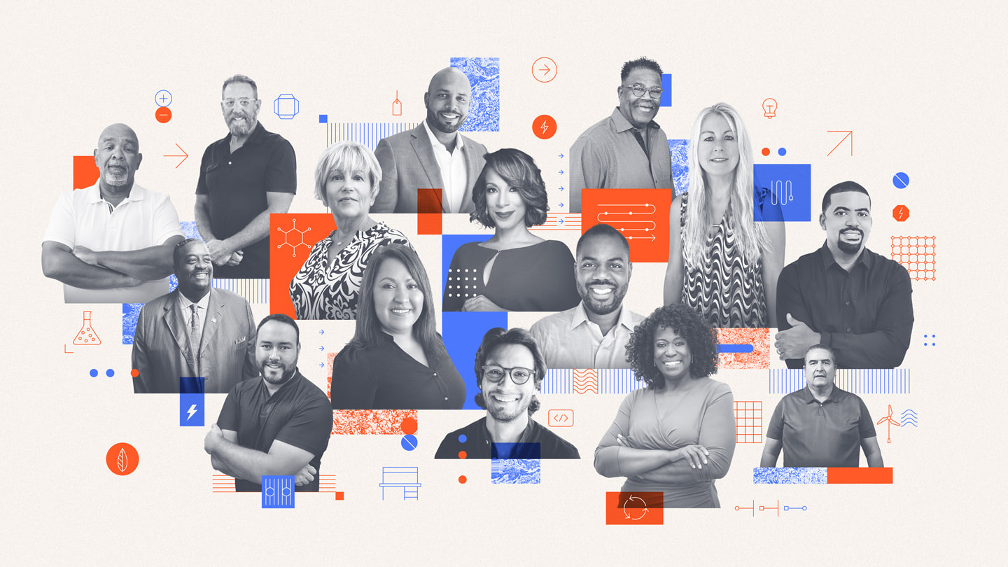 Illustrated portraits of 15 Black and Brown founders, presidents, and CEOs for Impact Accelerator.