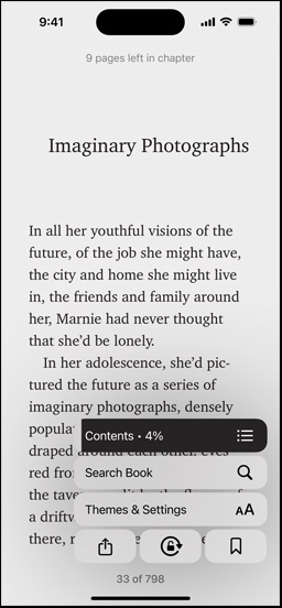 iPhone screen displaying a book page in the Books app. Overlaid on the book page, options for enlarging text, Search Book, and Themes & Settings on the screen are shown