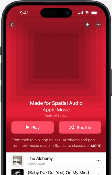 iPhone screen with Made for Spatial Audio playlist cover art in the Apple Music app