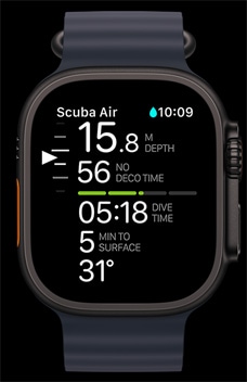 Aplikacja Oceanic+ wyświetlona na Apple Watch Ultra 2.