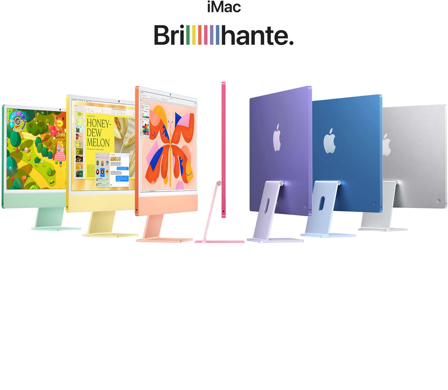 7 iMac em diferentes cores (verde, amarelo, laranja, rosa, roxo, azul e prateado) em acordeão