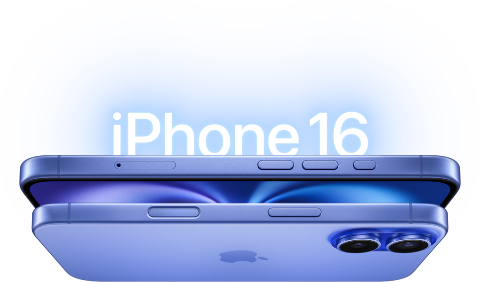 Două modele iPhone 16 Ultramarin, exterior lateral, buton lateral, sistem proeminent dual de camere.