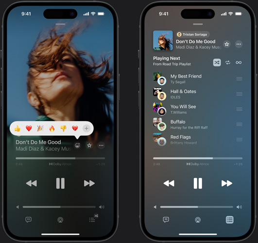iPhone on left showing Don't Do Me Good by Madi Diaz and Kacey Musgraves playing on screen with reaction emoji prompt showing options to thumbs up, heart, celebrate, thumbs down or add another reaction, iPhone on right showing Collaborative playlist called Road Trip Playlist with multiple songs added by other contributors