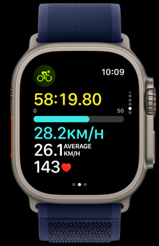 Apple Watch Ultra 2 demonstrating how fast a person is riding their bike.