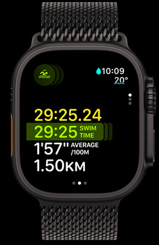 Apple Watch Ultra 2 showing the swim duration, pace, and distance as part of the Multisport feature.