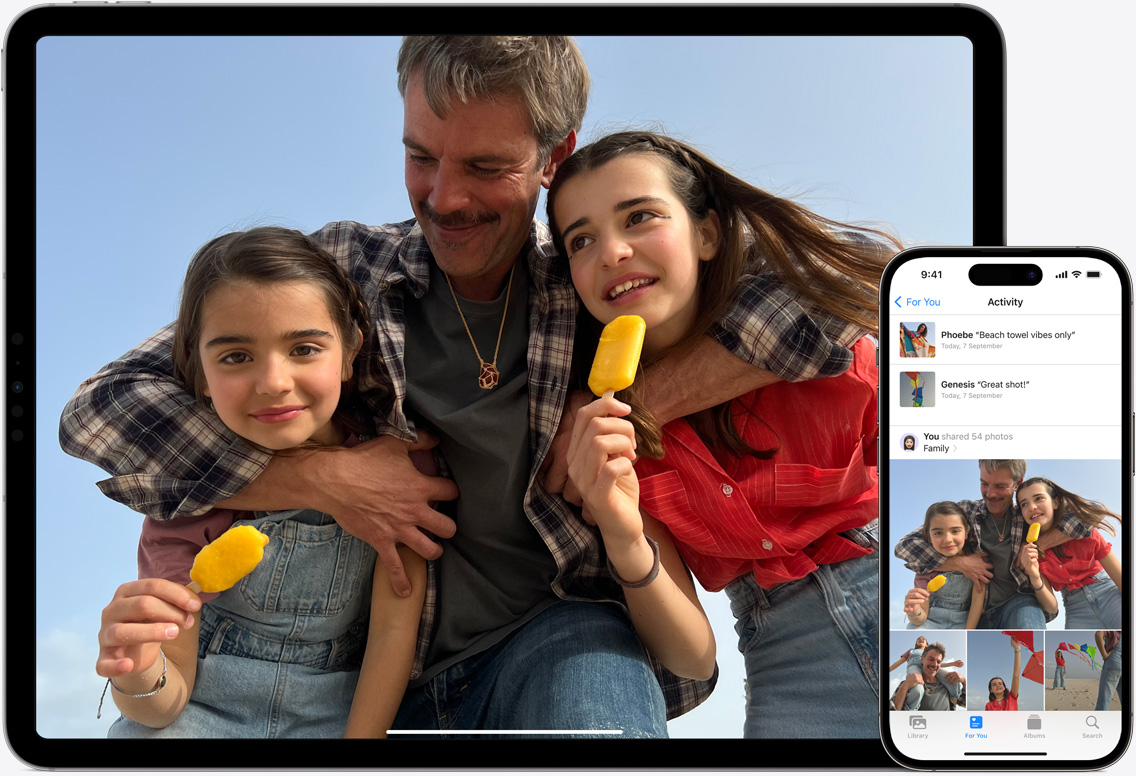 iPad and iPhone screens of iCloud Photos featuring images of a father with his two daughters at the beach