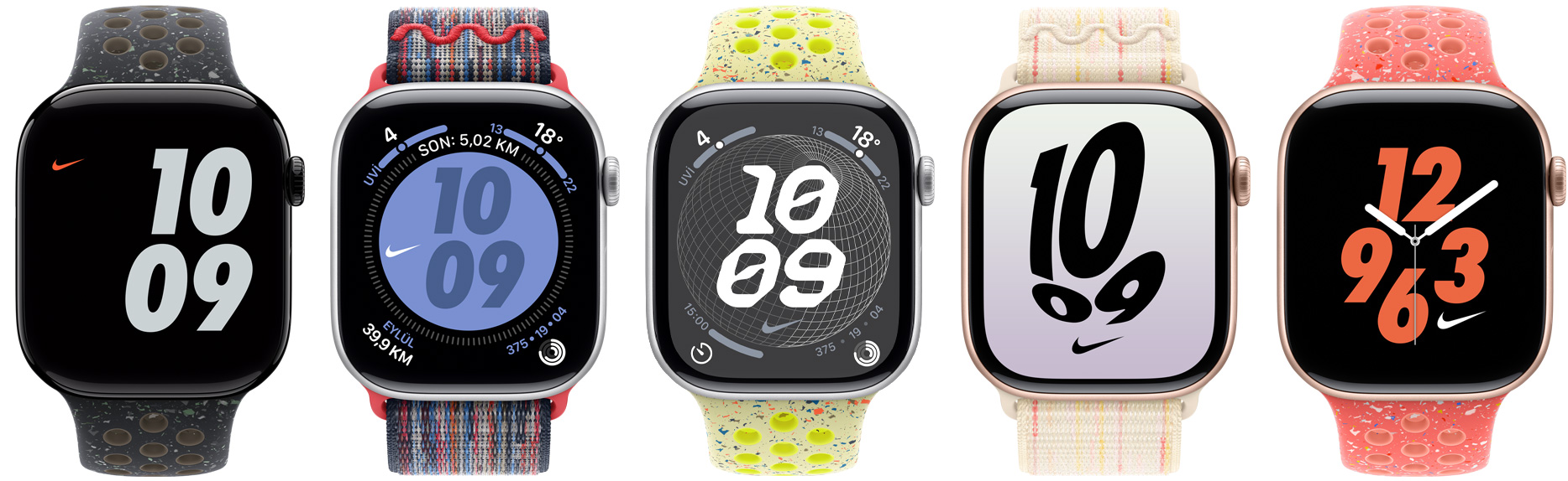 Five Apple Watch devices attached to Nike Sport Bands and Nike Sport Loops, showing Nike watch faces configured in various colors