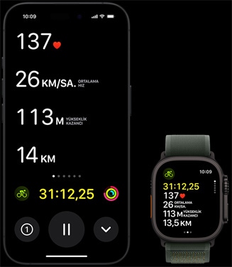 Hem Apple Watch Ultra 2 hem de iPhone’daki Canlı Etkinlik ekranında bir kişinin bisiklet ölçümleri gösteriliyor.