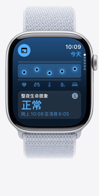 Apple Watch Series 10 的正面圖，螢幕展示生命徵象 app 的畫面，顯示整夜健康測量指標為正常