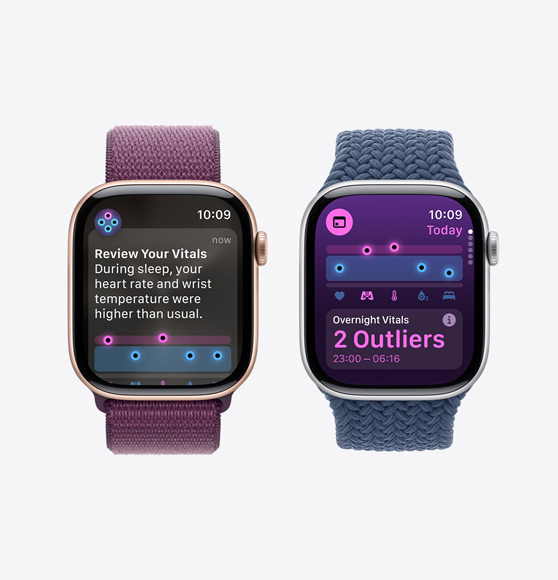 A preview of your vitals notification on an Apple Watch Series 10 and the Vitals app showing overnight vitals with two outliers on an Apple Watch Series 10.