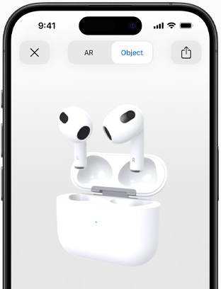 Screen shows AirPods (3rd generation) being displayed in augmented reality view on iPhone.