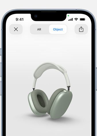 Image shows Green AirPods Max in Augmented Reality screen on iPhone.