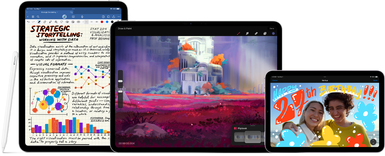 Trois iPad, de face, côte à côte. Sur la gauche, un iPad 10ᵉ génération en orientation portrait avec un Apple Pencil 1ʳᵉ génération. Au milieu, un iPad Pro en orientation paysage affichant un dessin coloré, avec un Apple Pencil Pro fixé au sommet. Sur la droite, un iPad mini en orientation paysage, avec un Apple Pencil 2ᵉ génération fixé au sommet. Un Apple Pencil USB‑C est posé à l’horizontale devant l’iPad Pro et l’iPad mini.