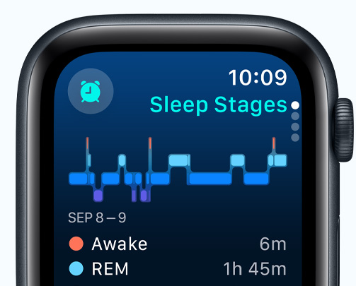 Scherm van de Slaap‑app met verschillende slaapfases, het aantal minuten dat de gebruiker wakker is geweest en het aantal minuten remslaap